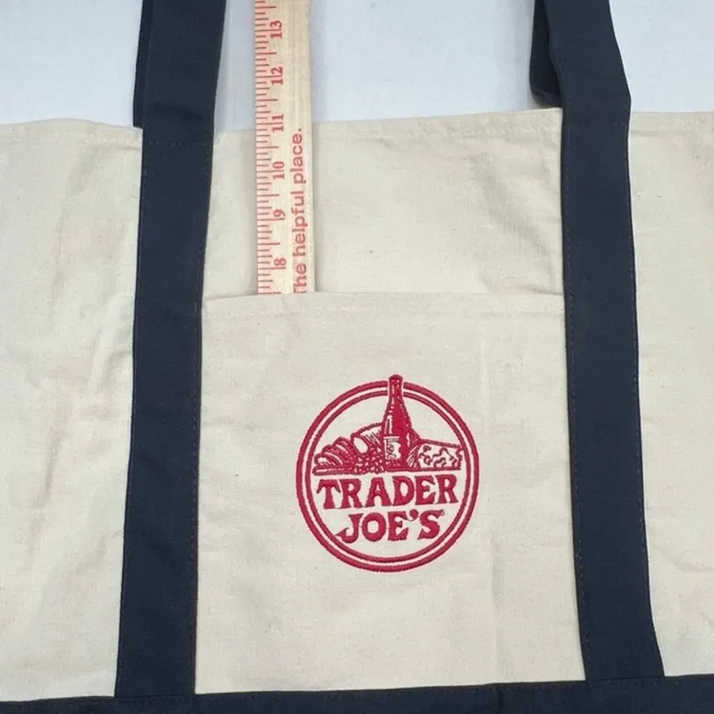 Trader Joe's Large Cotton Canvas Tote Navy Reusable Market Bag Pockets NWT